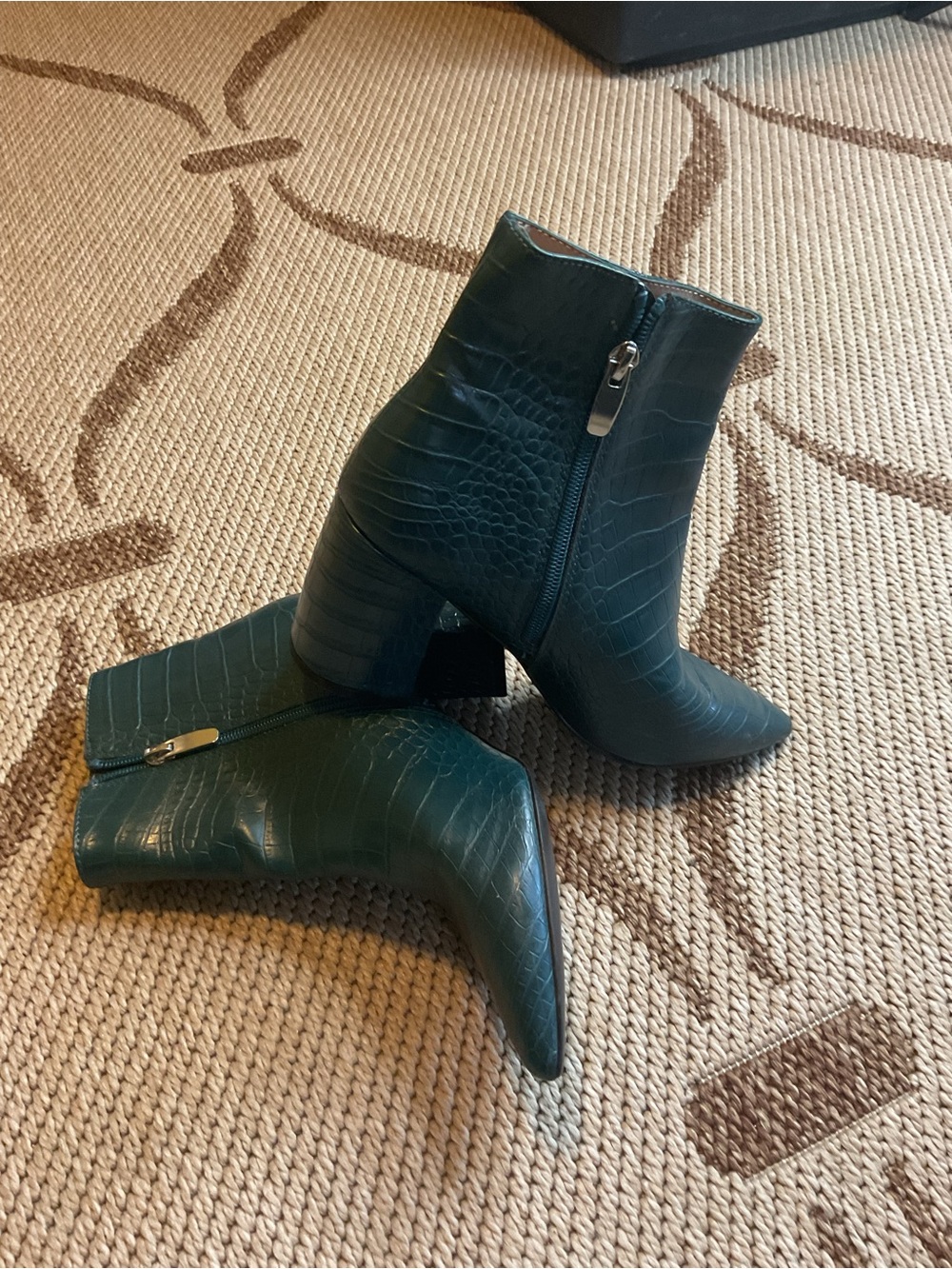 Steve Madden Dark Green Croc-Embossed Ankle Booties with Block Heel